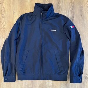 Tommy Hilfiger Men's Hooded Bomber Jacket Navy Blue Nylon Logo Size Small EUC